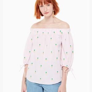 Kate Spade off-shoulder pink white striped M embroidered pineapple cotton blouse